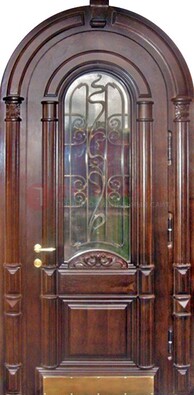 Арочная металлическая дверь массив со стеклом и ковкой ДА-50 в Дубне