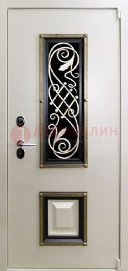 Белая стальная дверь с ковкой со стеклопакетом и МДФ ДК-30 в Екатеринбурге