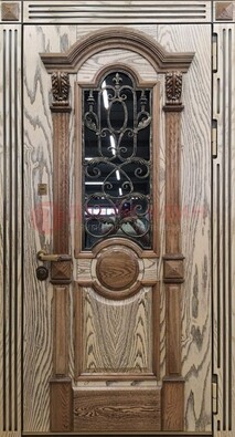 Железная дверь с массивом дуба со стеклом и ковкой ДМД-47 в Екатеринбурге