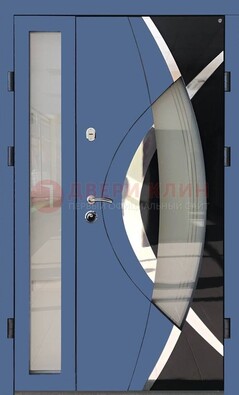Синяя металлическая дверь со стеклом и узором ДС-13 в Екатеринбурге