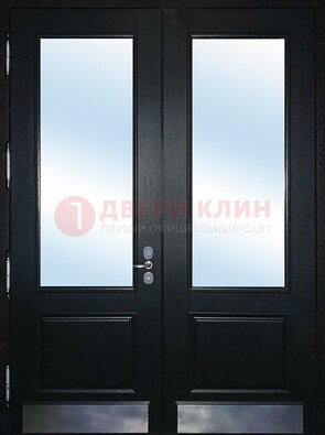 Черная двухстворчатая металлическая дверь со стеклом ДС-25 в Екатеринбурге
