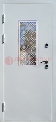 Серая металлическая дверь со стеклом и ковкой ДС-75 в Екатеринбурге