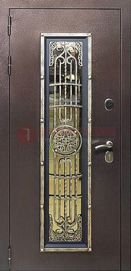 Железная дверь цвета медный антик со стеклом и ковкой ДСК-105 в Екатеринбурге
