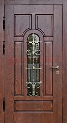 Cтальная дверь со стеклом и ковкой в коричневом цвете ДСК-119 в Екатеринбурге