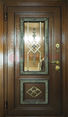 Теплая входная дверь со стеклом и ковкой разноцветной ДСК-13 в Екатеринбурге