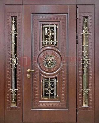 Коричневая стальная дверь со стеклом и ковкой ДСК-147 с фрамугами в Екатеринбурге