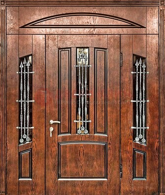 Стальная дверь со стеклом и ковкой с фрамугами ДСК-149 коричневая в Екатеринбурге