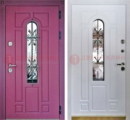 Розовая металлическая дверь со стеклом и ковкой ДСК-151 в Екатеринбурге