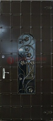Высокая железная дверь со стеклом и ковкой ДСК-15 в Екатеринбурге