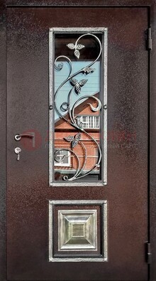Коричневая стальная дверь порошок со стеклом и ковкой ДСК-163 в Екатеринбурге