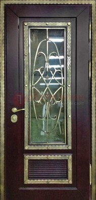 Темная уличная дверь порошок со стеклом и ковкой ДСК-167 в Екатеринбурге