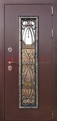 Коричневая стальная дверь порошок со стеклом и ковкой для дома ДСК-169 в Екатеринбурге