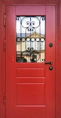 Красная железная дверь Винорит со стеклом и ковкой ДСК-205 в Екатеринбурге