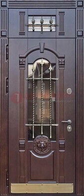 Металлическая дверь массив со стеклом и ковкой с фрамугой ДСК-249 в Екатеринбурге