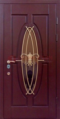 Бордовая стальная дверь Винорит со стеклом и ковкой ДСК-263 в Екатеринбурге