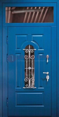 Синяя железная филенчатая дверь со стеклом и ковкой ДСК-97 в Екатеринбурге