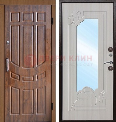 Коричневая уличная дверь c виноритом и терморазрывом МДФ Беленый дуб  с зеркалом ДЗ-97 в Екатеринбурге