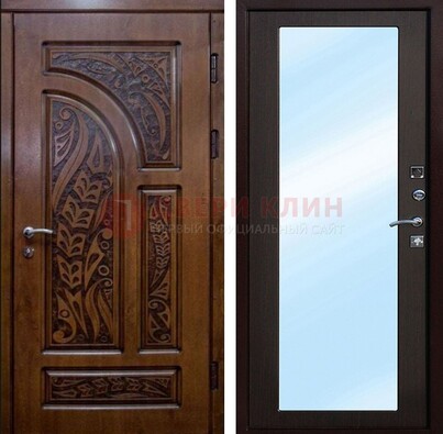 Коричневая входная дверь c узором и виноритом МДФ с зеркалом ДЗ-98 в Екатеринбурге