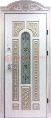 Белая железная дверь с МДФ и витражом ВЖ-26 в Екатеринбурге