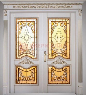 Элитная металлическая дверь с витражом и отделкой массив ВЖ-4 в Дмитрове