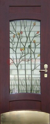 Бордовая стальная дверь с витражом и декоративным элементом ВЖ-3 в Екатеринбурге
